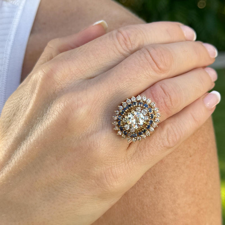 1940's Old European Cut Diamond Sapphire 14 Karat Yellow Gold Cocktail Ring