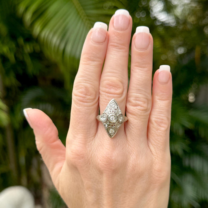 Art Deco Old European Cut Diamond 18 Karat White Gold Cocktail Ring