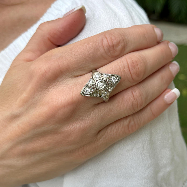 Art Deco Old European Cut Diamond 18 Karat White Gold Cocktail Ring