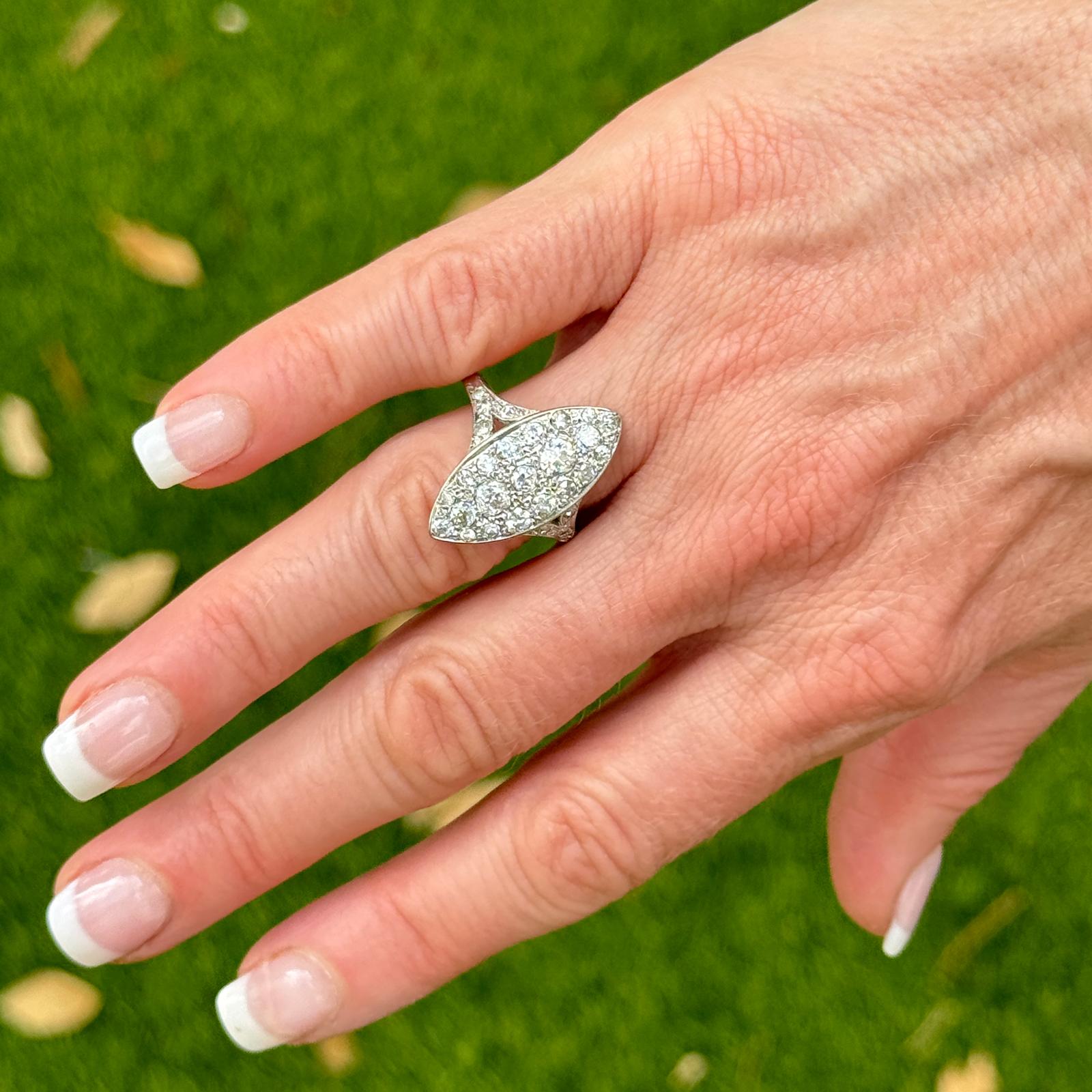 2.00 CTW Pavé Diamond 14 Karat White Gold Navette Vintage Cocktail Ring