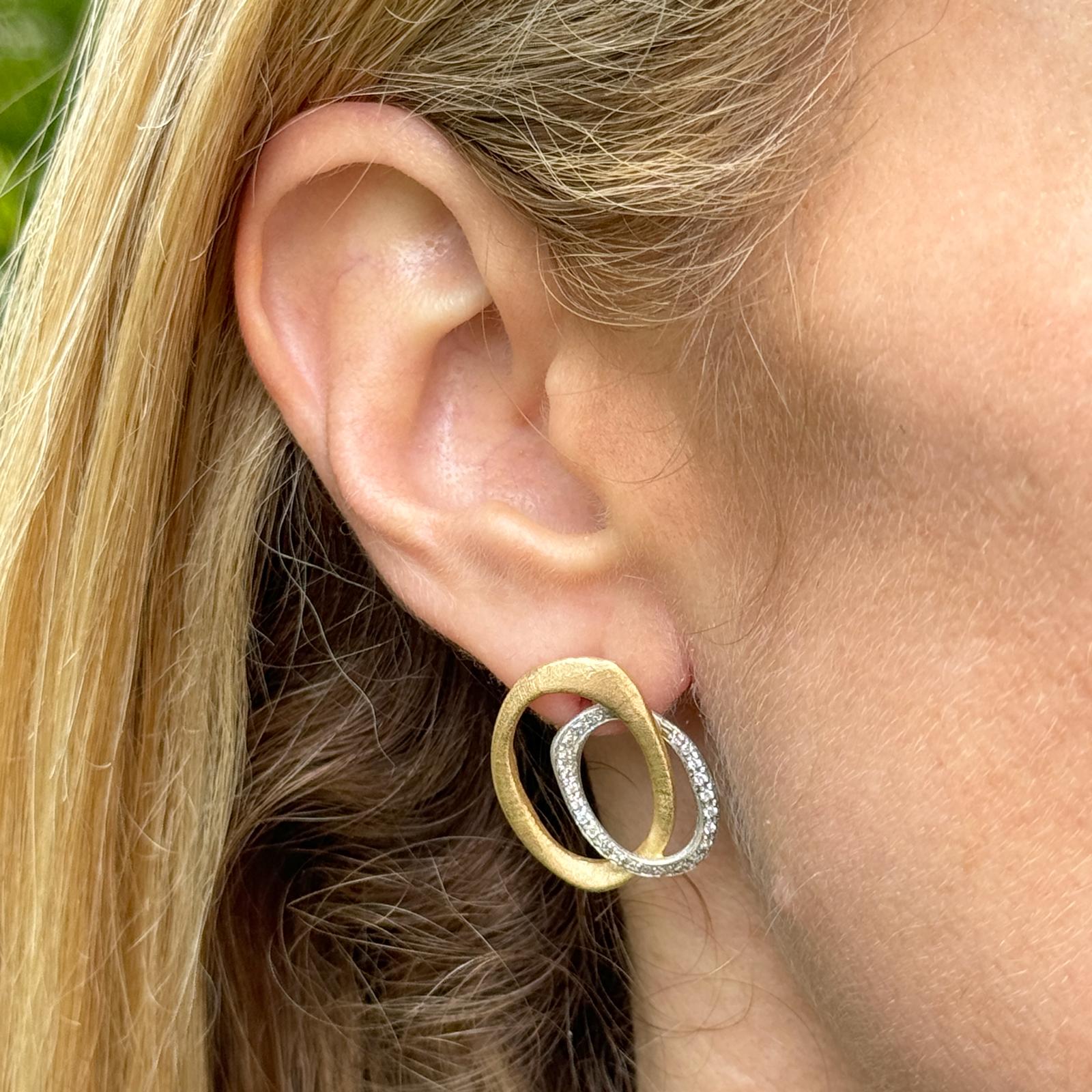 Roberto Coin Double Hoop Diamond 18 Karat Two Tone Gold Oval Earrings