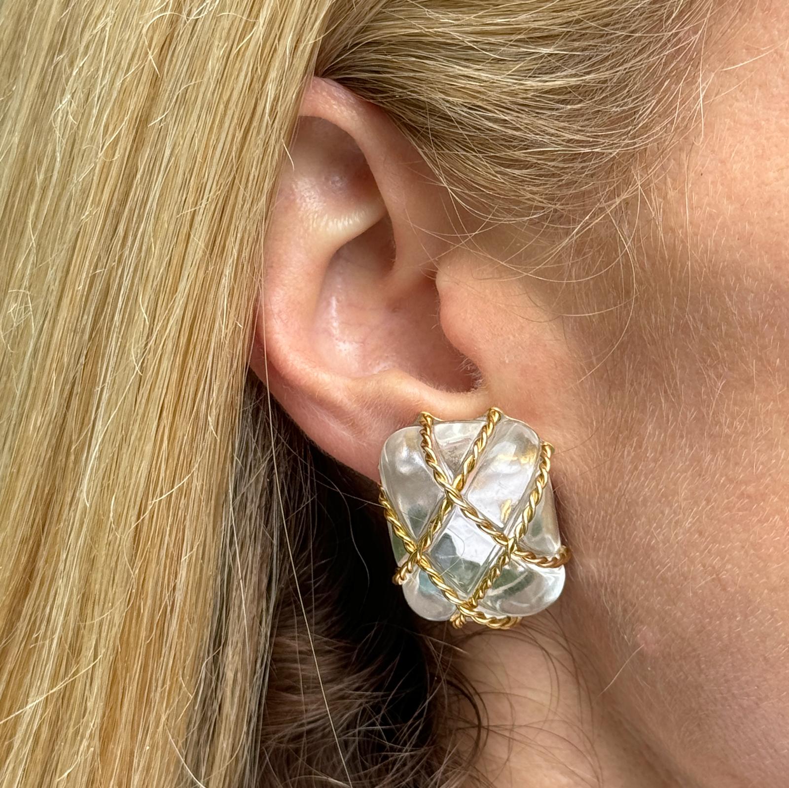Seaman Schepps Rock Crystal 18 Karat Yellow Gold Braided Earclip Earrings