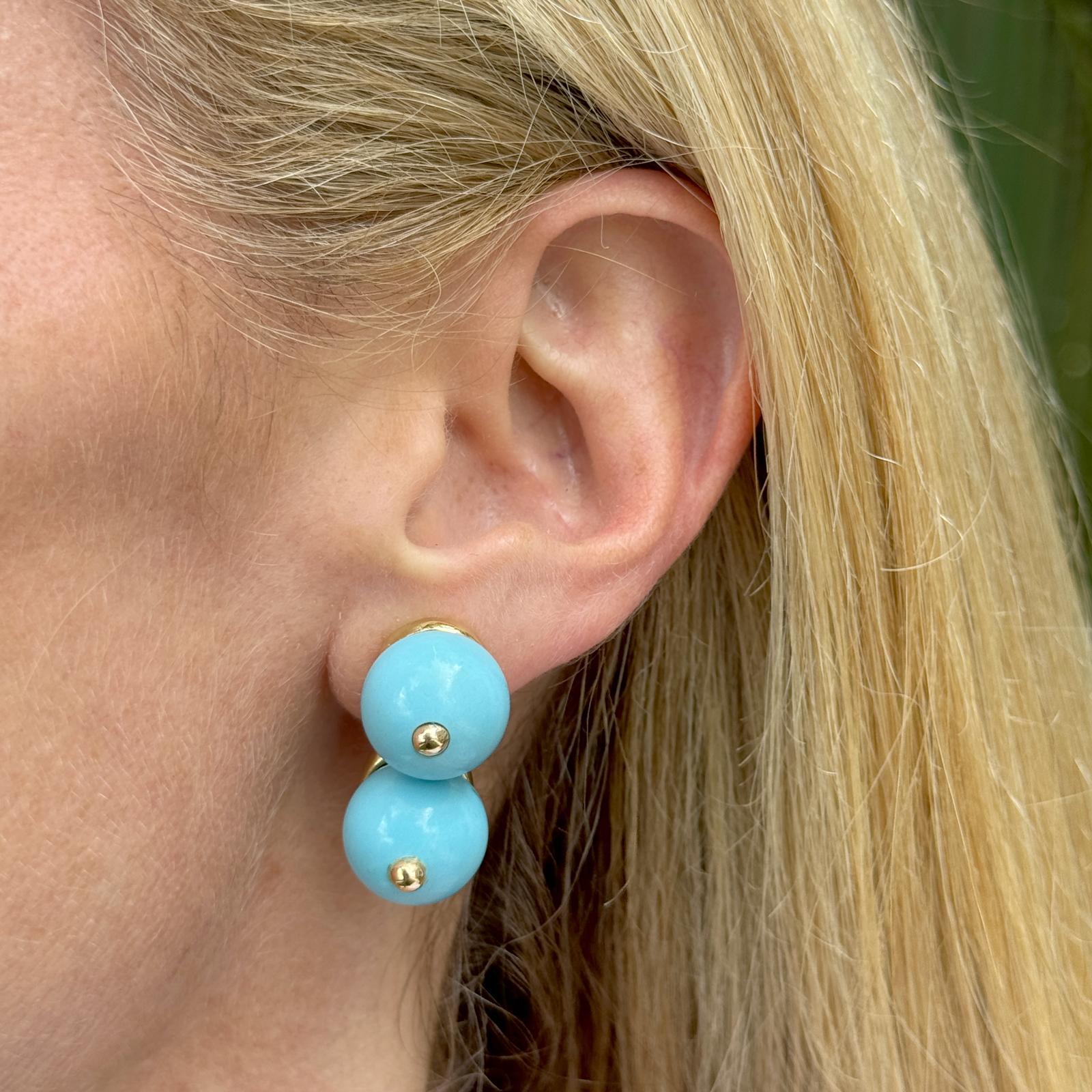 1960's Double Turquoise 18 Karat Yellow Gold Ear-Clip Earrings