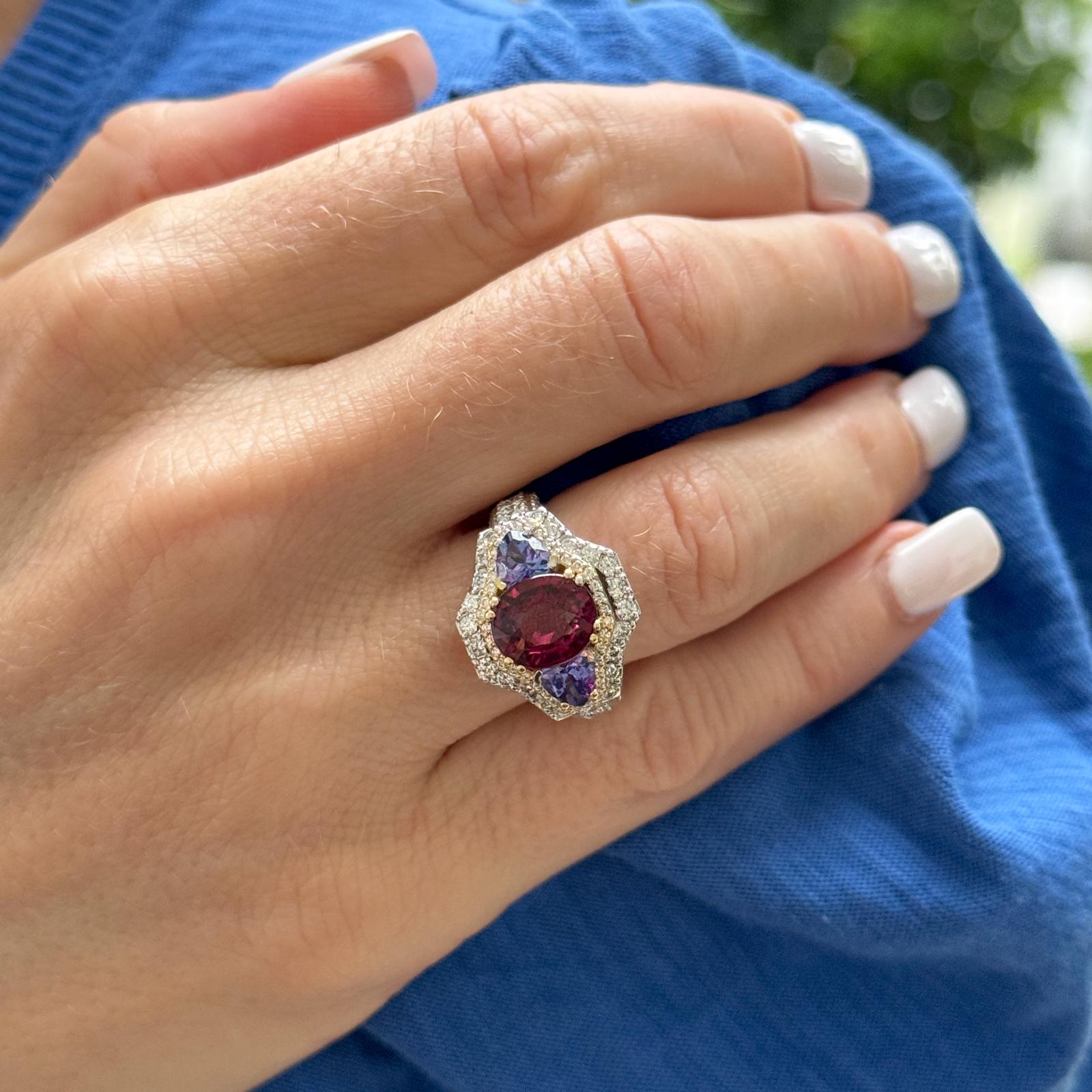 Modern Rhodolite Garnet Tanzanite & Diamond  18K Two Tone Gold Cocktail Ring