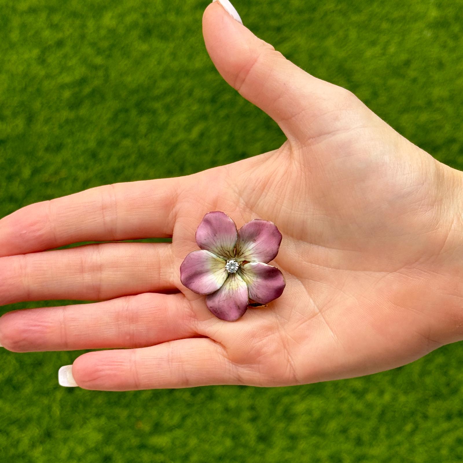 Mid-20th Century Pink Enamel Diamond 14KY Gold Pansy Floral Brooch