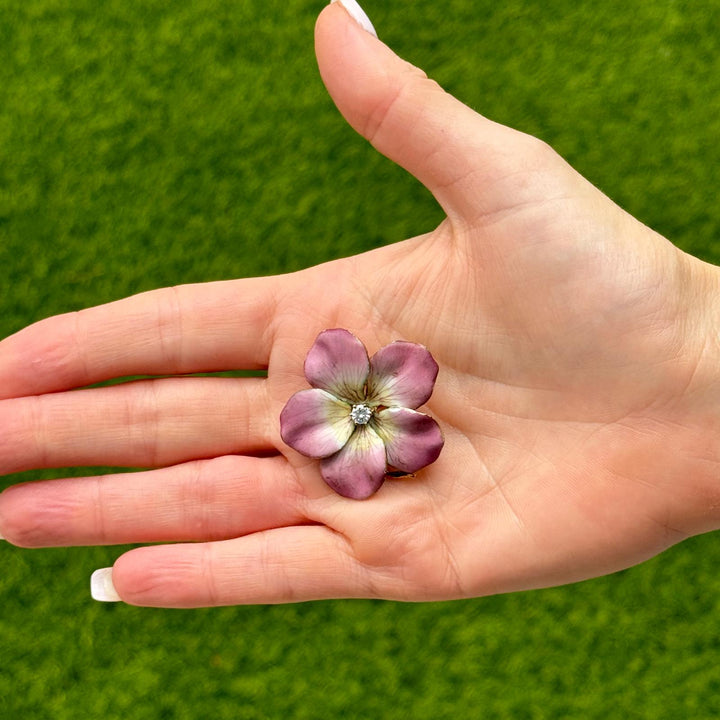 Mid-20th Century Pink Enamel Diamond 14KY Gold Pansy Floral Brooch