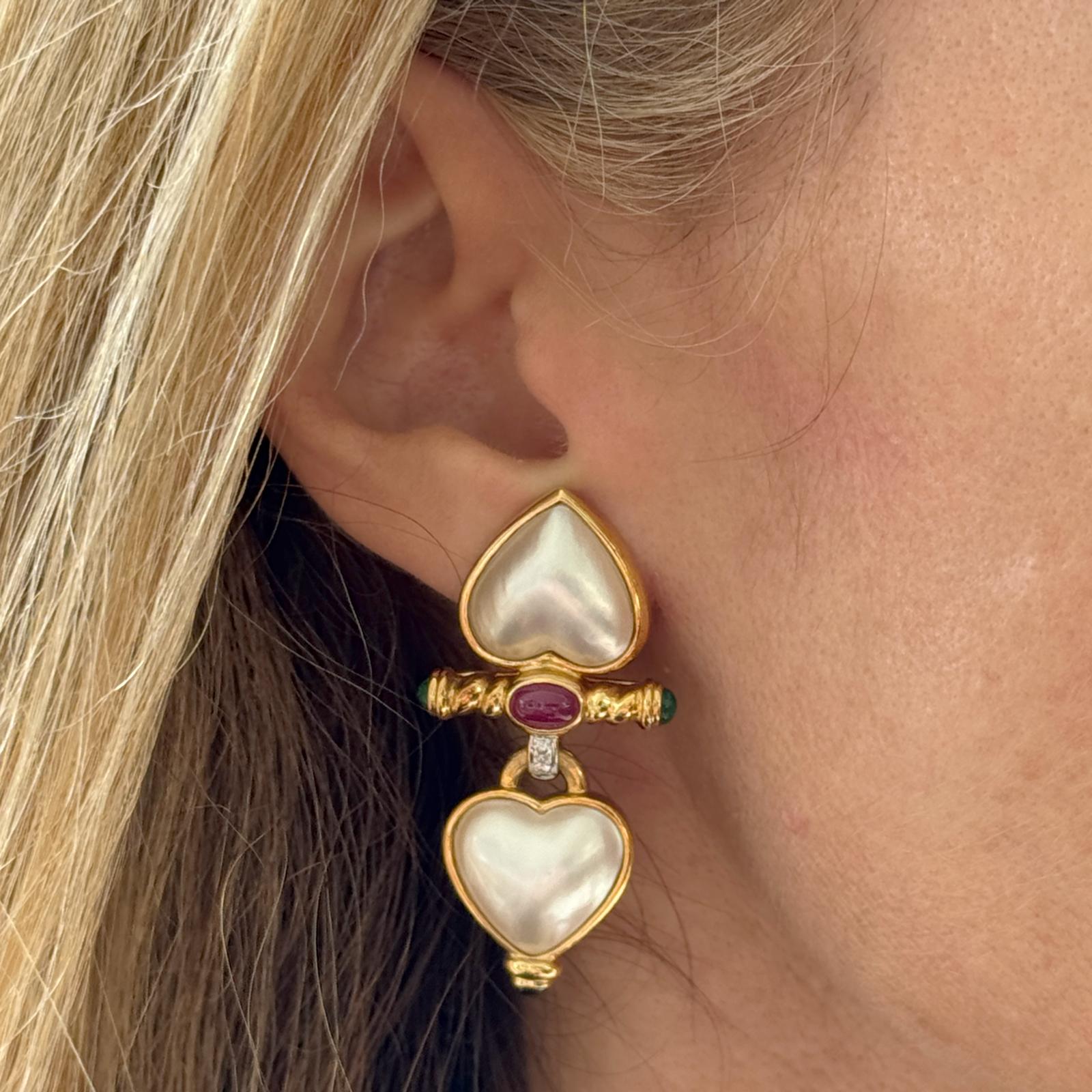 Mabe Pearl Diamond Emerald Ruby Sapphire Heart Drop 18KYG Leverback Earrings