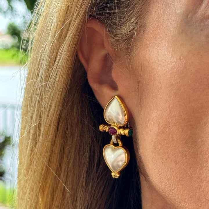 Mabe Pearl Diamond Emerald Ruby Sapphire Heart Drop 18KYG Leverback Earrings