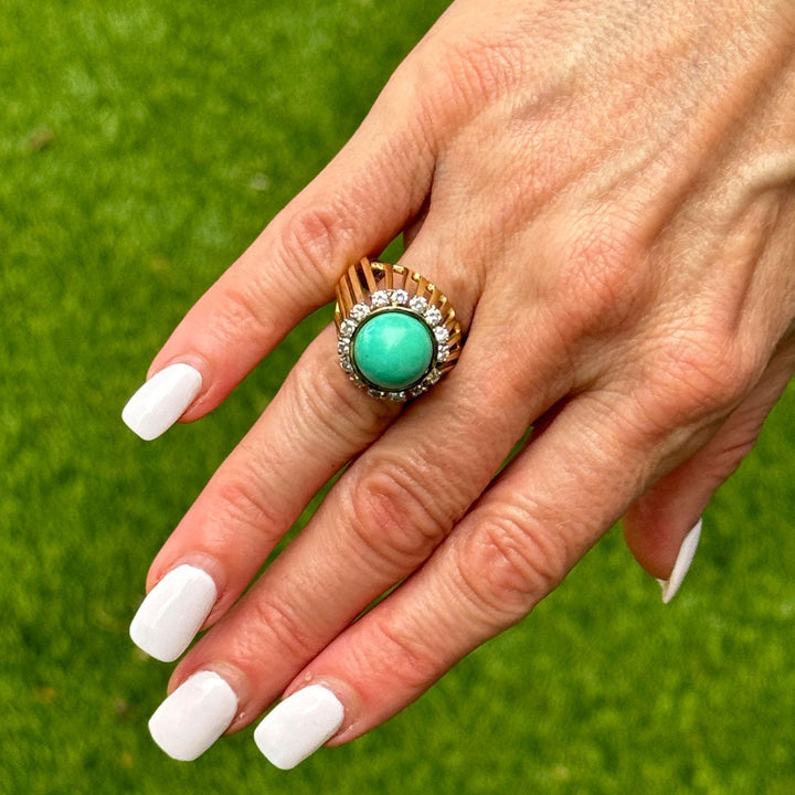 1970's Turquoise Diamond 14 Karat Yellow Gold Cocktail Ring