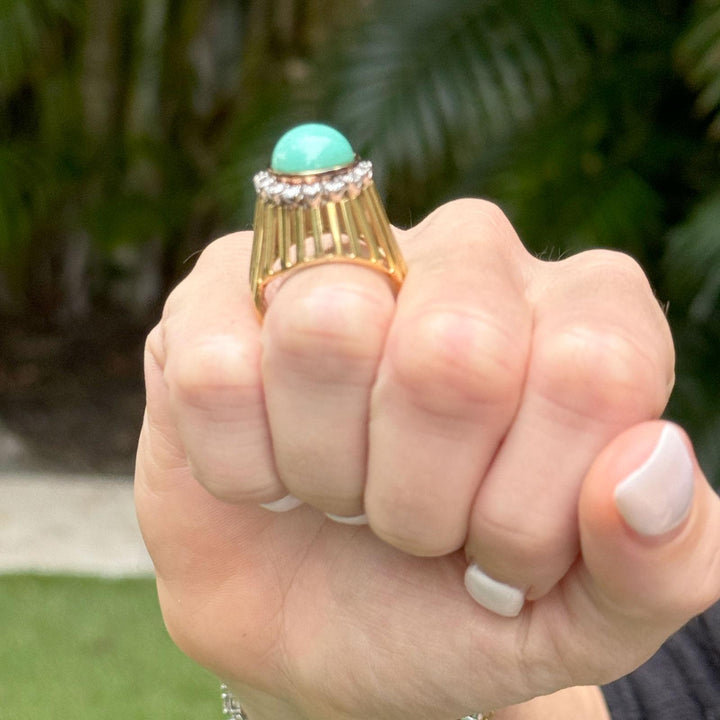 1970's Turquoise Diamond 14 Karat Yellow Gold Cocktail Ring