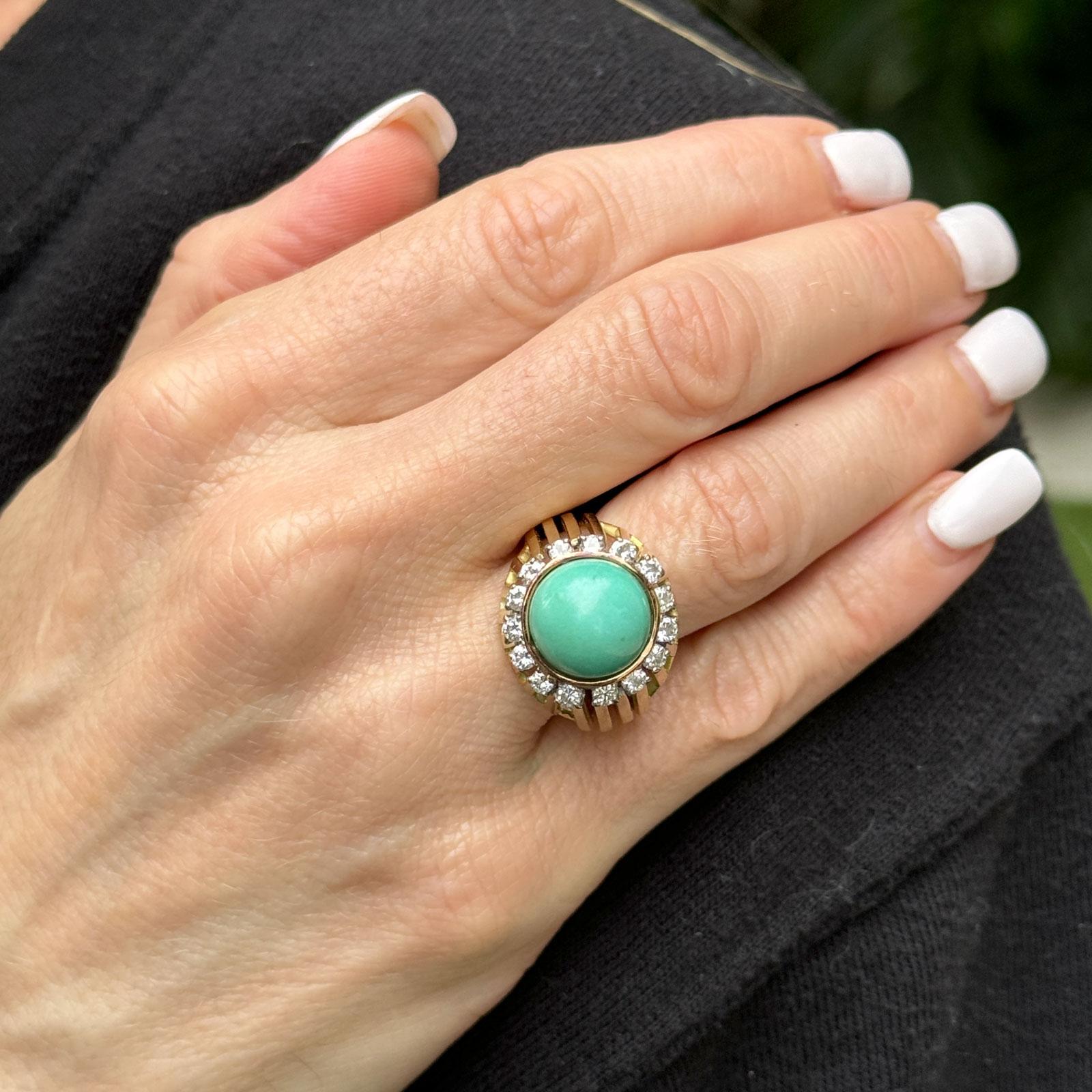 1970's Turquoise Diamond 14 Karat Yellow Gold Cocktail Ring