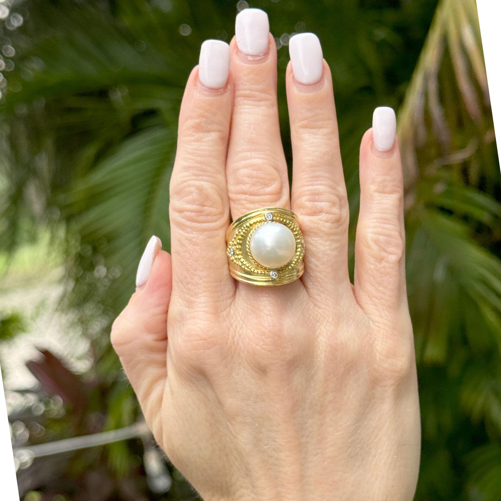 South Sea Pearl Diamond 18 Karat Yellow Gold Etruscan Style Cocktail Ring