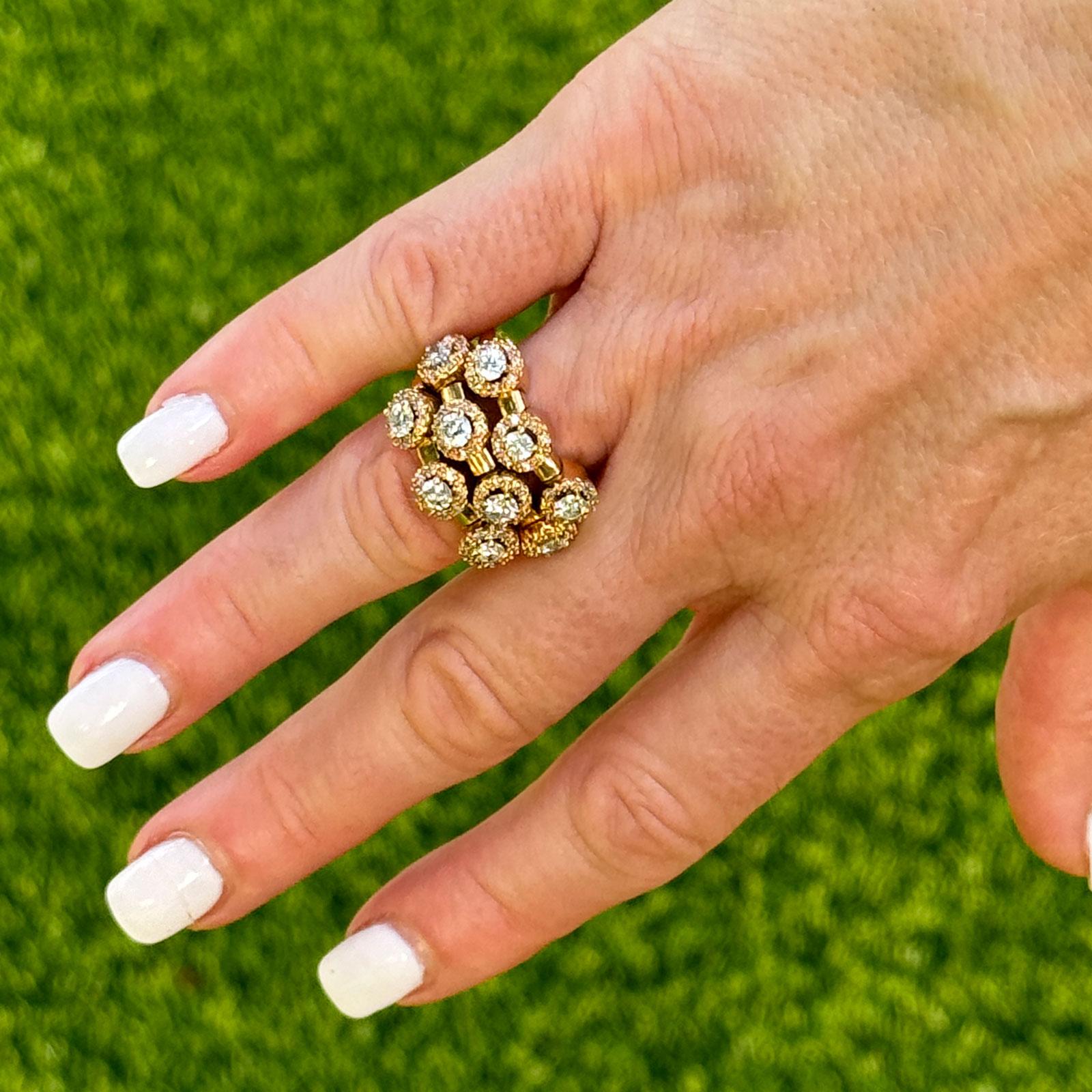 Modern Halo Diamond 14 Karat Yellow Gold Three Row Band Ring