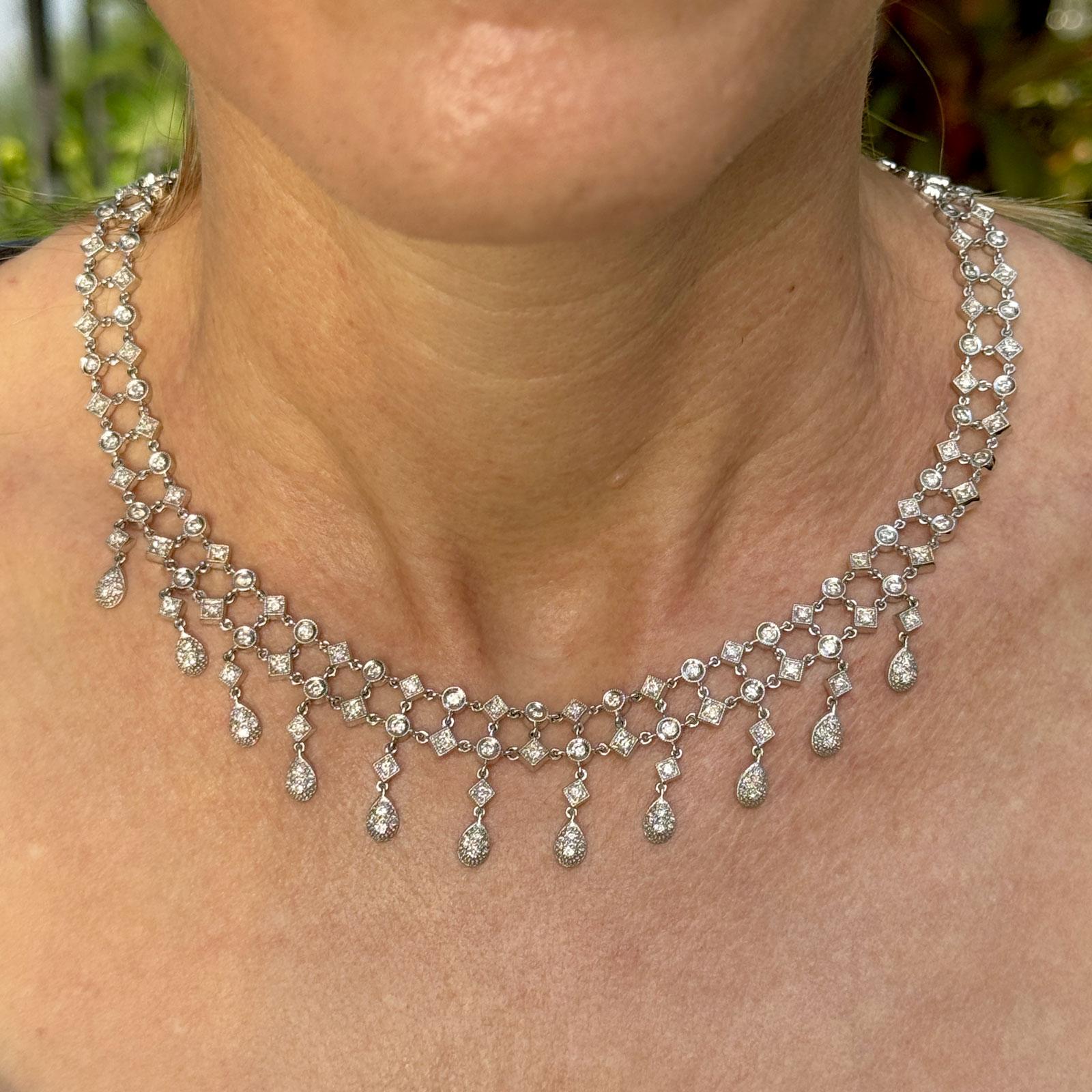 Modern Diamond Drop 18 Karat White Gold Two Row Collar Necklace