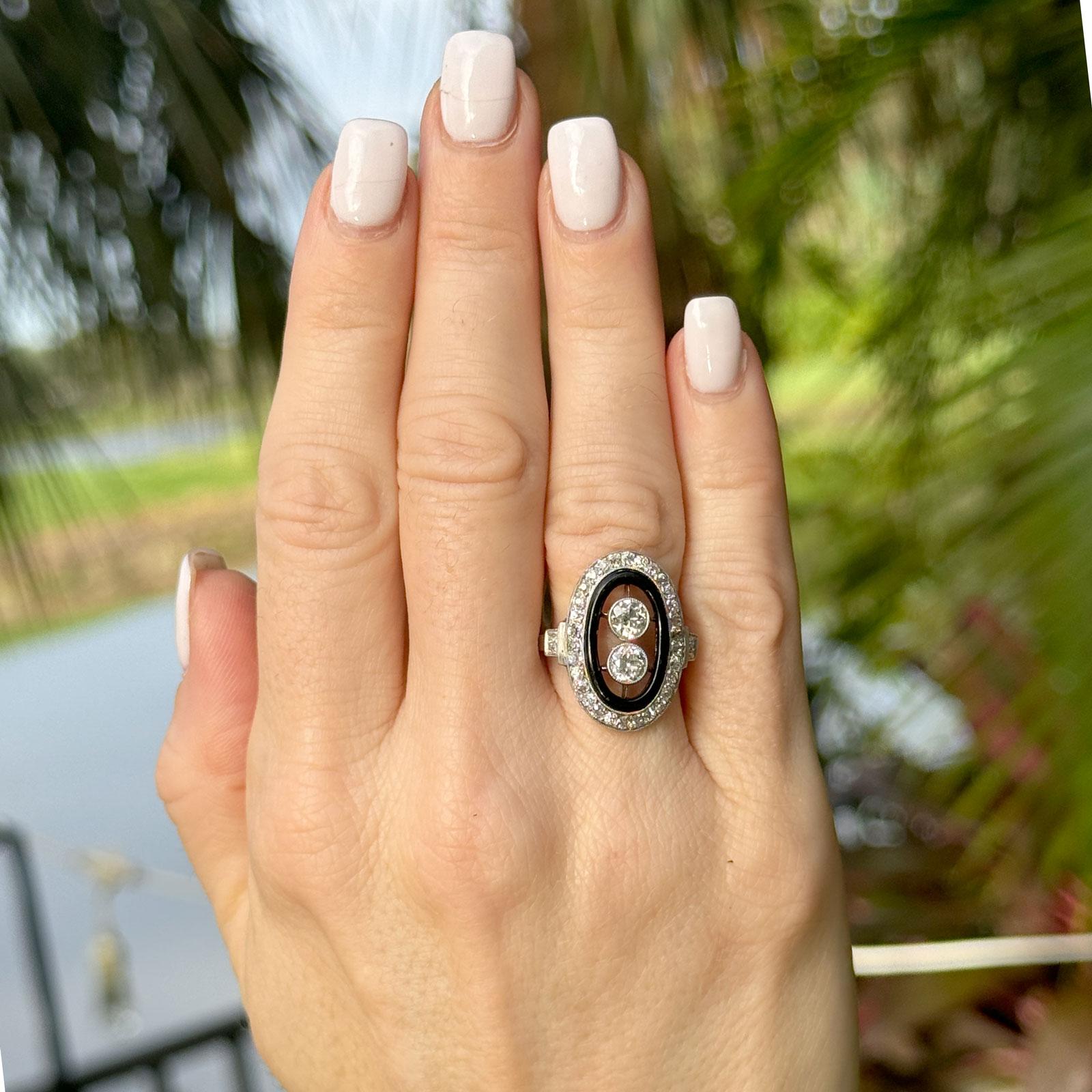 Art Deco Old European-Cut Diamond Black Enamel Platinum Cocktail Ring