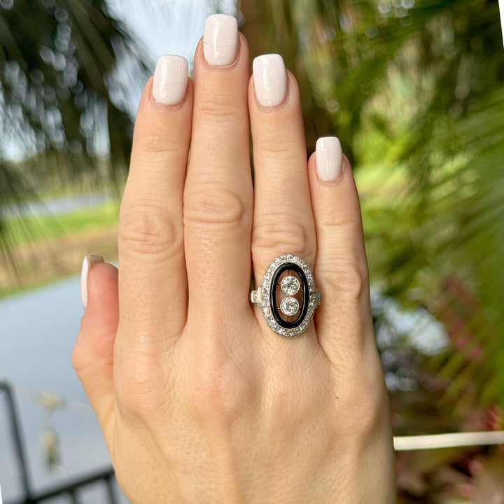 Art Deco Old European-Cut Diamond Black Enamel Platinum Cocktail Ring