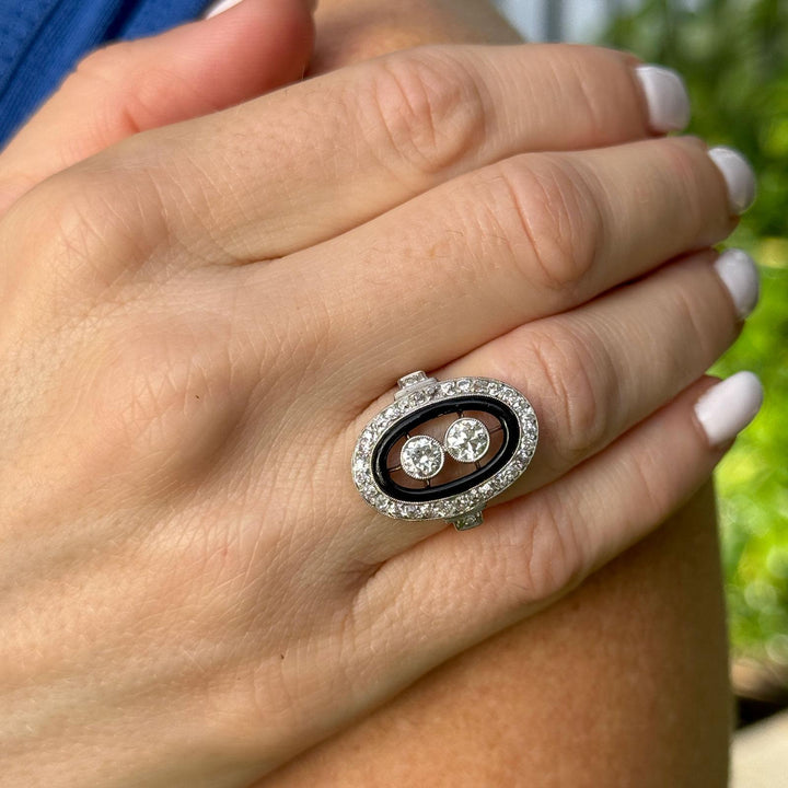 Art Deco Old European-Cut Diamond Black Enamel Platinum Cocktail Ring