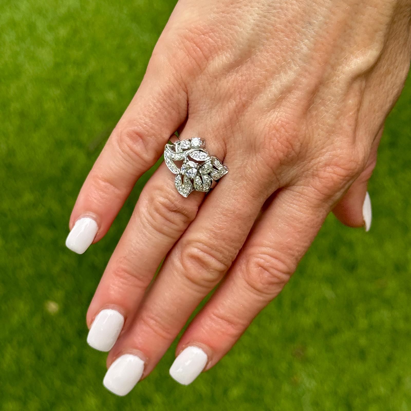 Mid-20th Century Diamond Floral Motif 14 Karat White Gold Vintage Ring