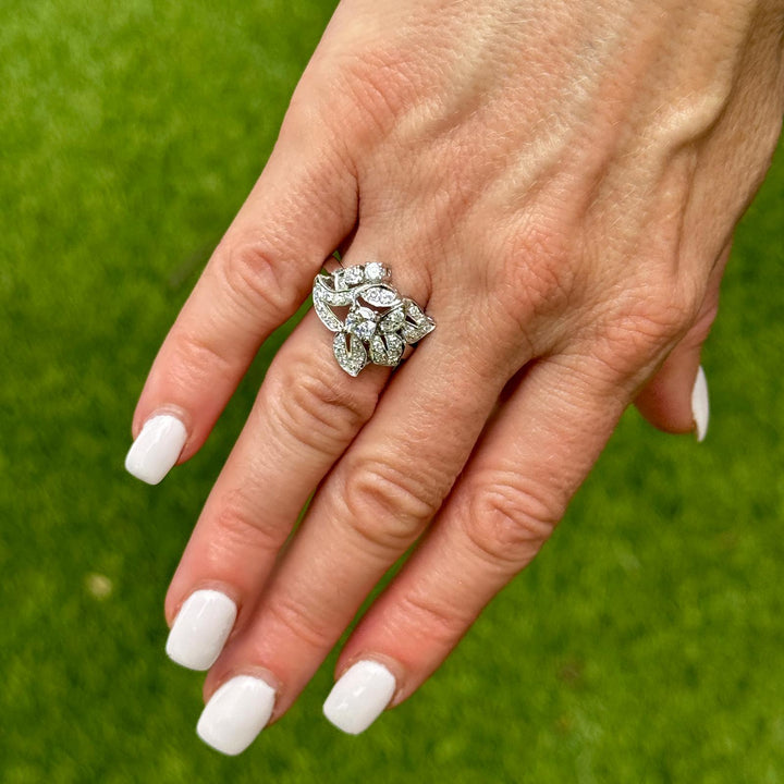 Mid-20th Century Diamond Floral Motif 14 Karat White Gold Vintage Ring