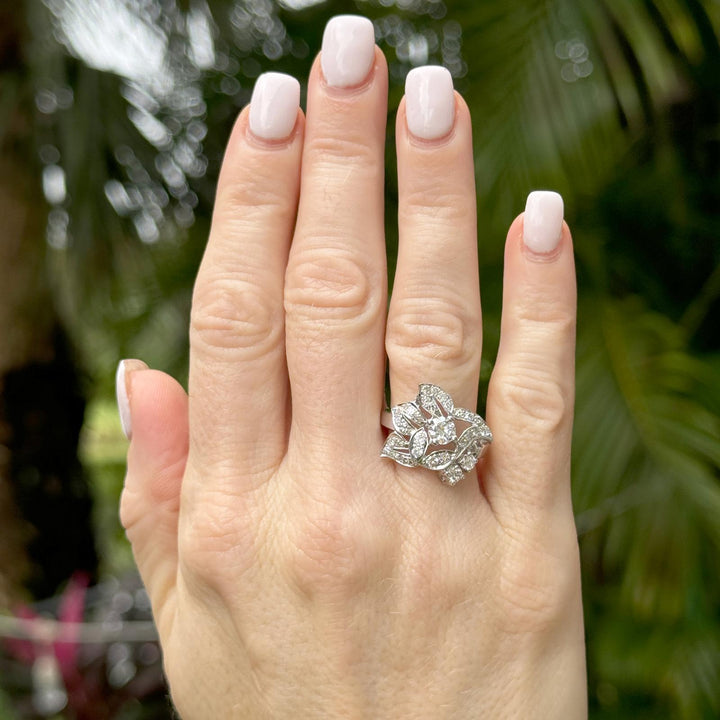 Mid-20th Century Diamond Floral Motif 14 Karat White Gold Vintage Ring