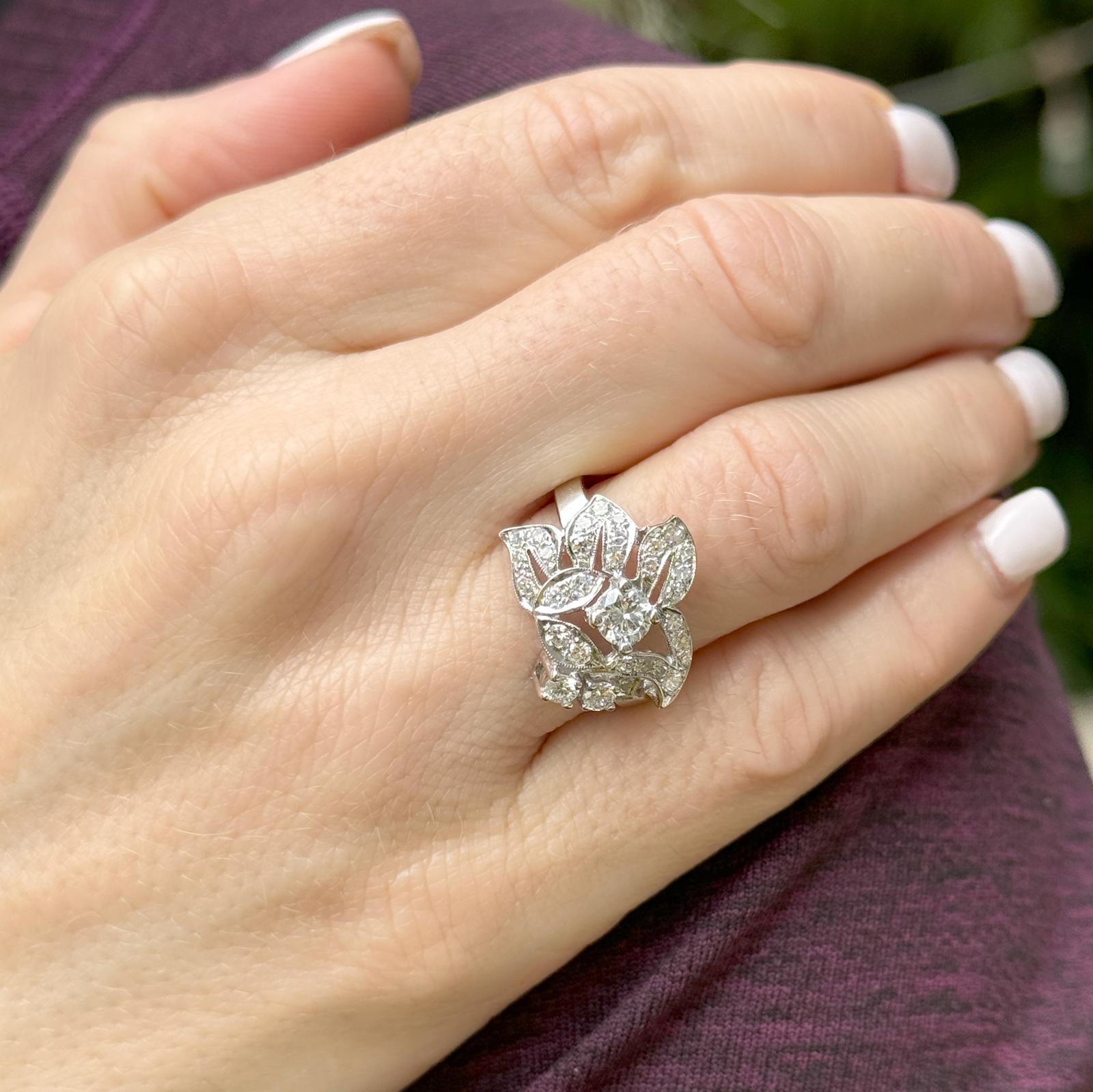 Mid-20th Century Diamond Floral Motif 14 Karat White Gold Vintage Ring