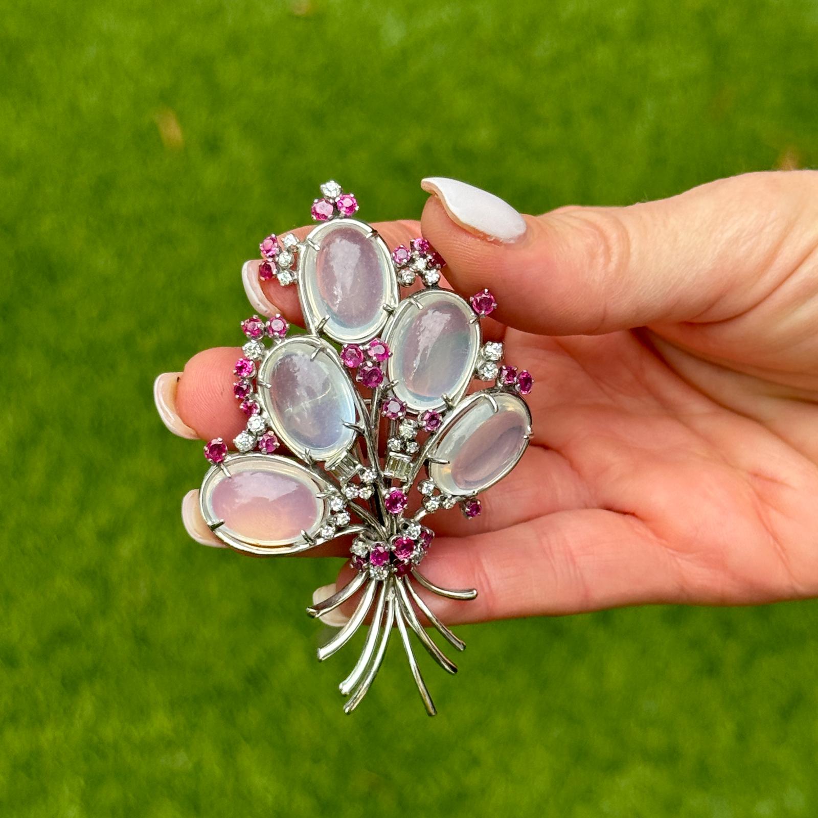 Mid-20th Century Moonstone Diamond Ruby 14 Karat White Gold Floral Design Brooch