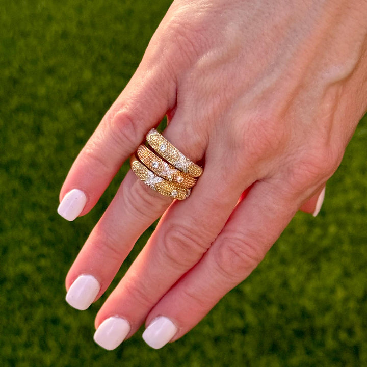 Set of Three Diamond 18 Karat Yellow & Rose Gold X Band Rings Designed by Sarosi