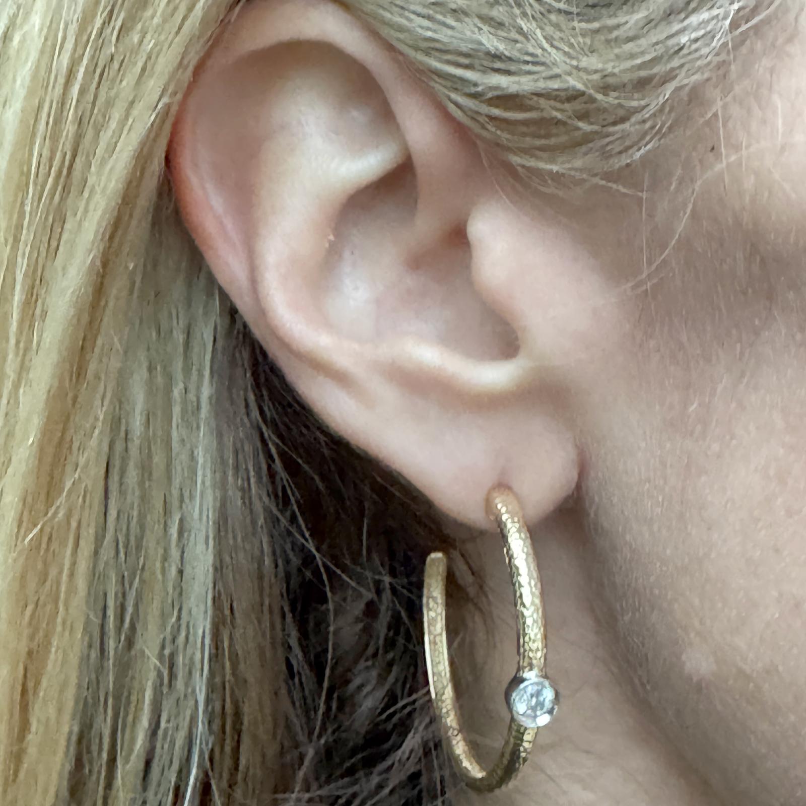 Bezel Set Diamond 14 Karat Yellow Gold 1.5 Inch Hoop Earrings