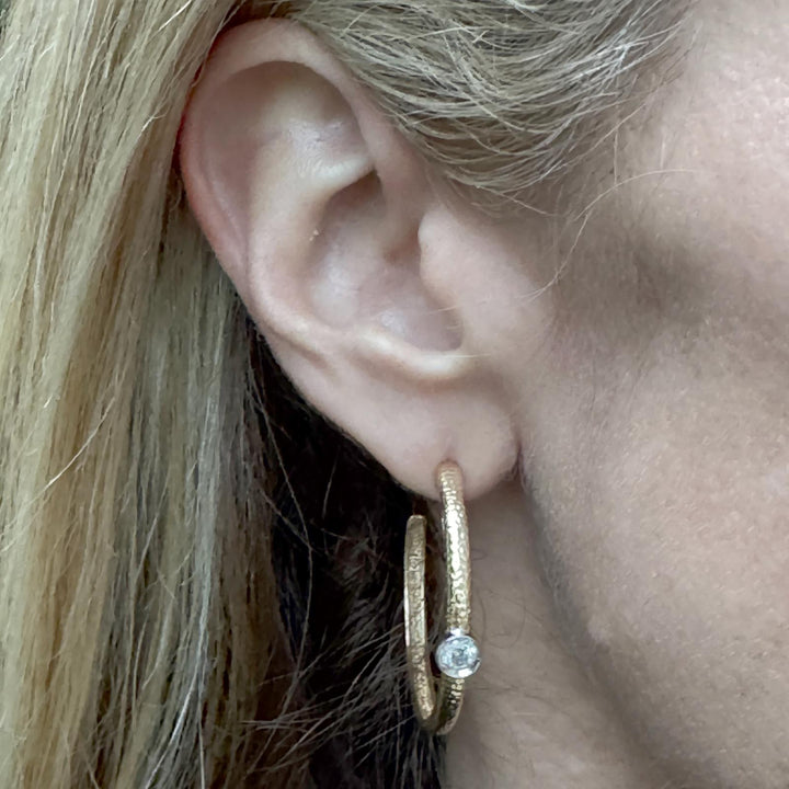 Bezel Set Diamond 14 Karat Yellow Gold 1.5 Inch Hoop Earrings