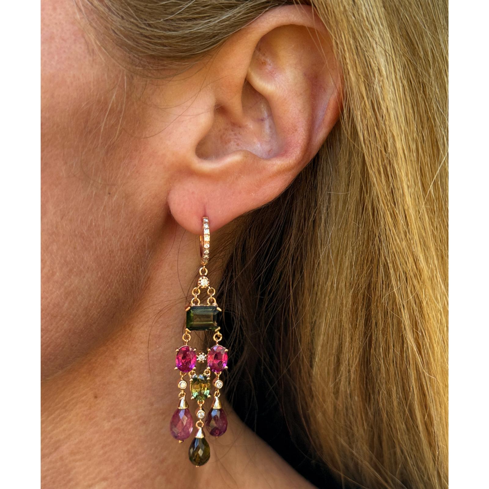 Diamond Pink Sapphire Pink & Green Tourmaline Dangle Drop 14K Rose Gold Earrings