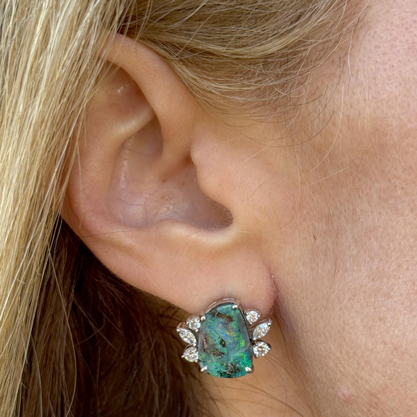 Diamond Cabochon Black Opal 14 Karat White Gold Leverback Vintage Earrings