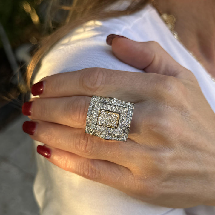 Square Top Pavé Diamond 14 Karat Two Tone Gold Cocktail Statement Modern Ring