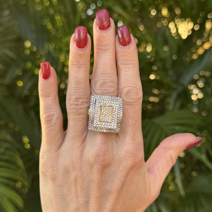 Square Top Pavé Diamond 14 Karat Two Tone Gold Cocktail Statement Modern Ring