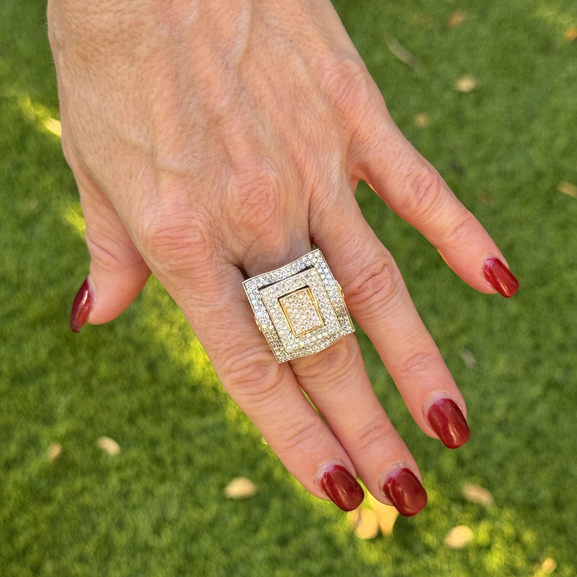 Square Top Pavé Diamond 14 Karat Two Tone Gold Cocktail Statement Modern Ring