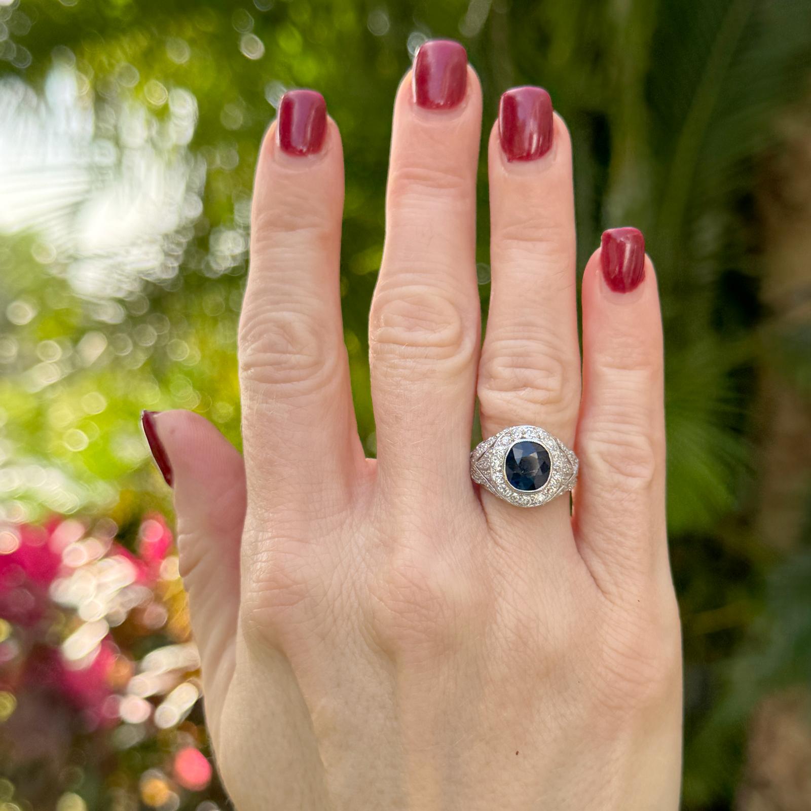 Art Deco Diamond Cushion Cut Natural Blue Sapphire Platinum Cocktail Ring