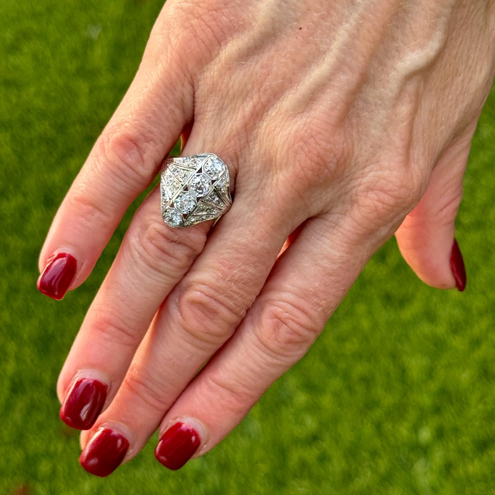 Early 20th Century Old European Cut Diamond Platinum Vintage Cocktail Ring