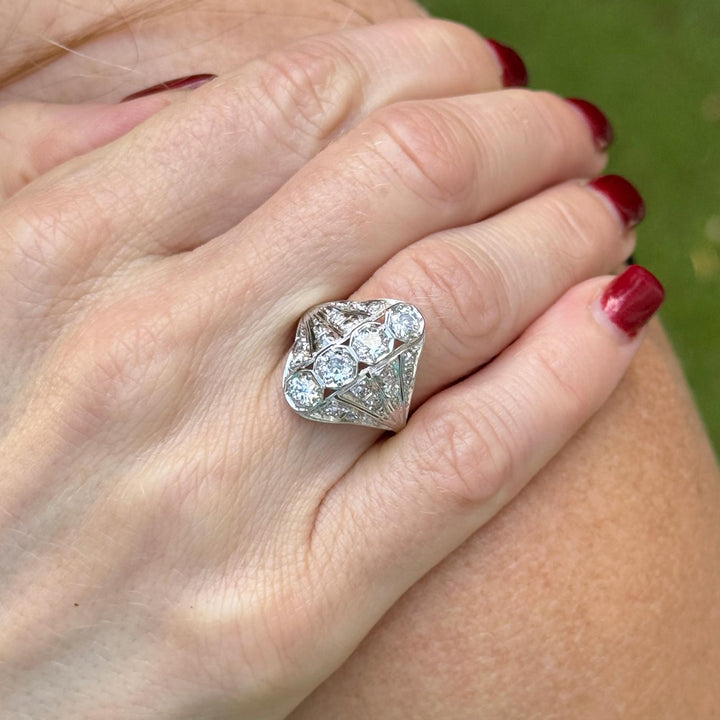 Early 20th Century Old European Cut Diamond Platinum Vintage Cocktail Ring