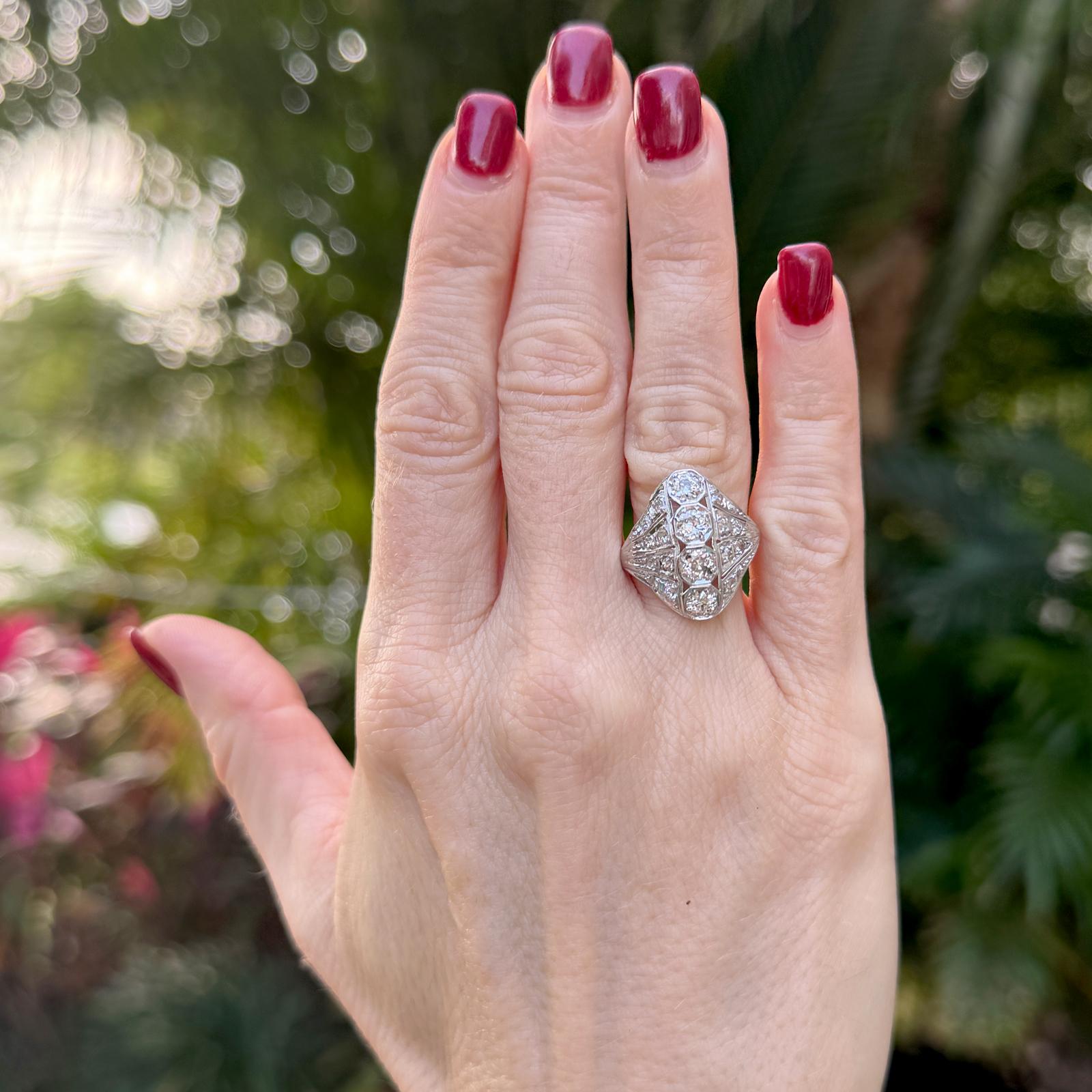Early 20th Century Old European Cut Diamond Platinum Vintage Cocktail Ring