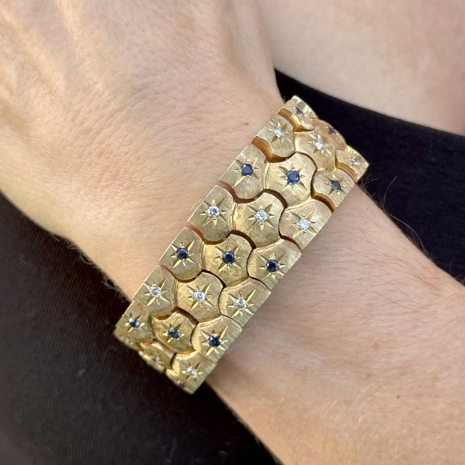 Mid-20th CenturyDiamond Sapphire 14 Karat Yellow Gold Wide Link Vintage Bracelet