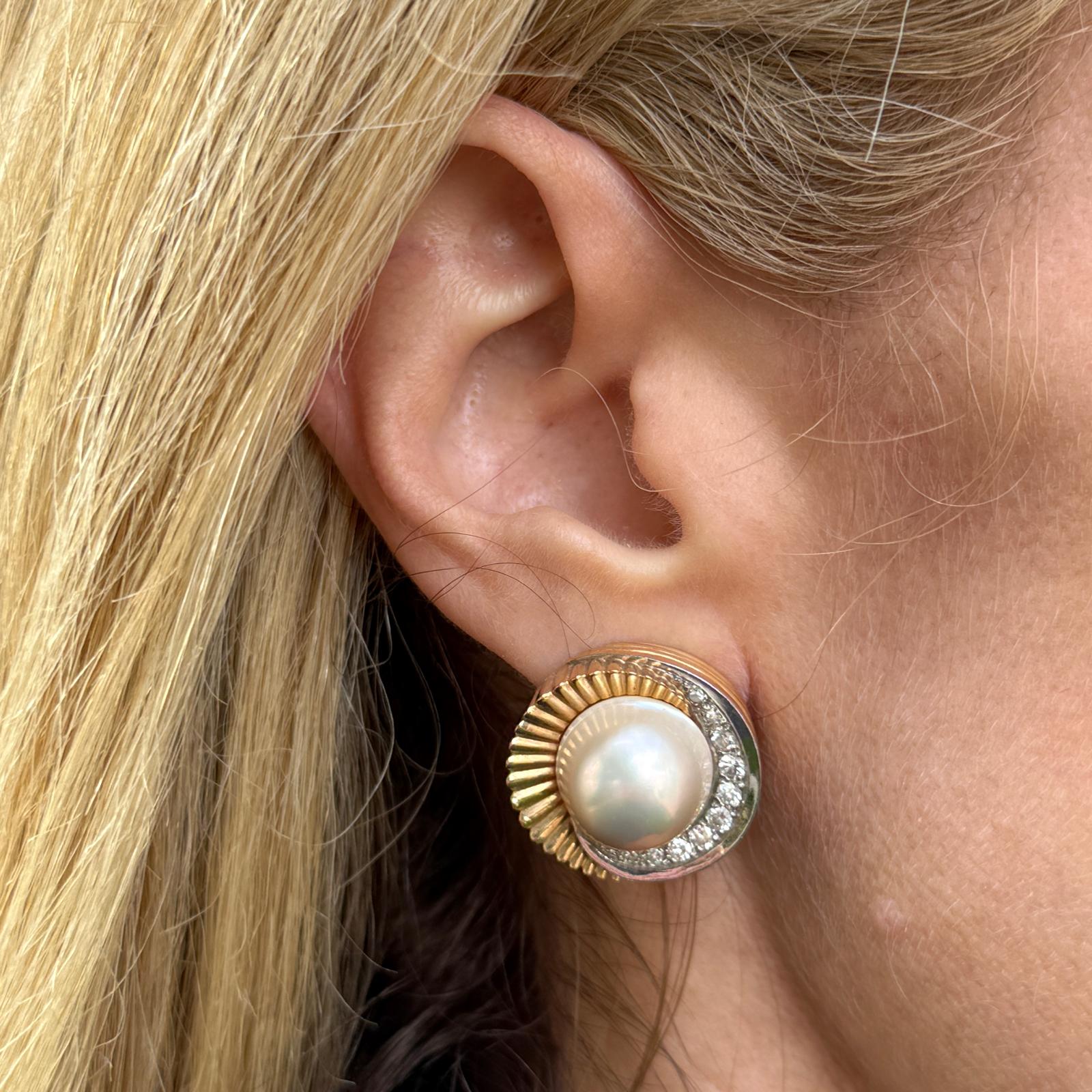 Late 20th Century Diamond & Mabe Pearl 18 Karat Gold Swirl Leverback Earrings