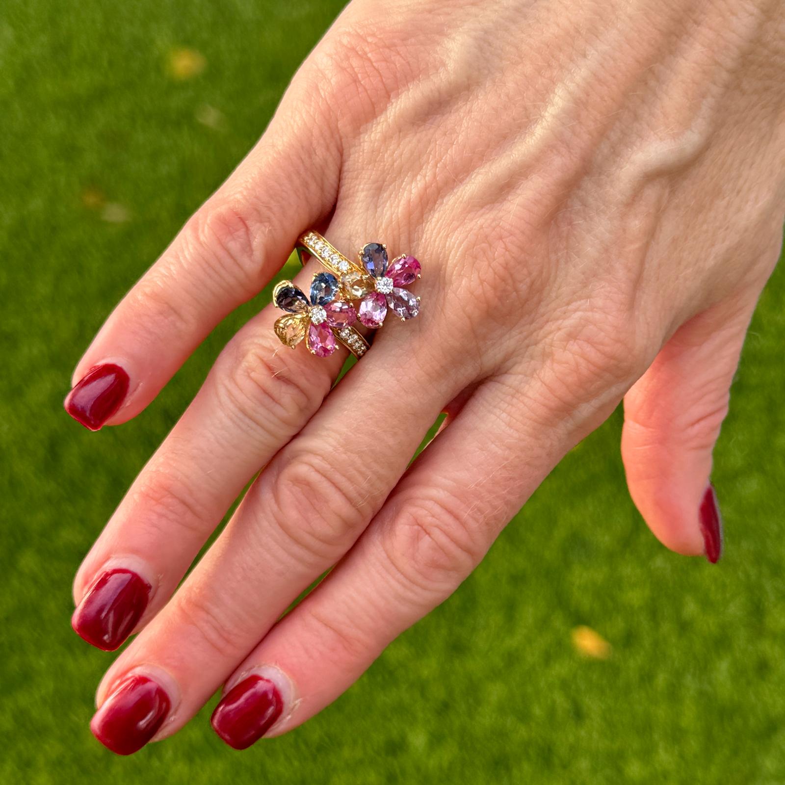 Diamond Colored Gemstone 14 Karat Yellow Gold Bypass Floral Ring