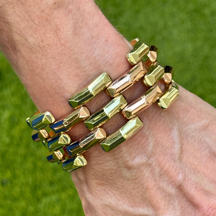 1950's Retro Yellow & Rose 14 Karat Gold Wide Link Three Row Bracelet