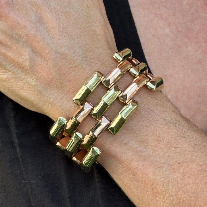 1950's Retro Yellow & Rose 14 Karat Gold Wide Link Three Row Bracelet