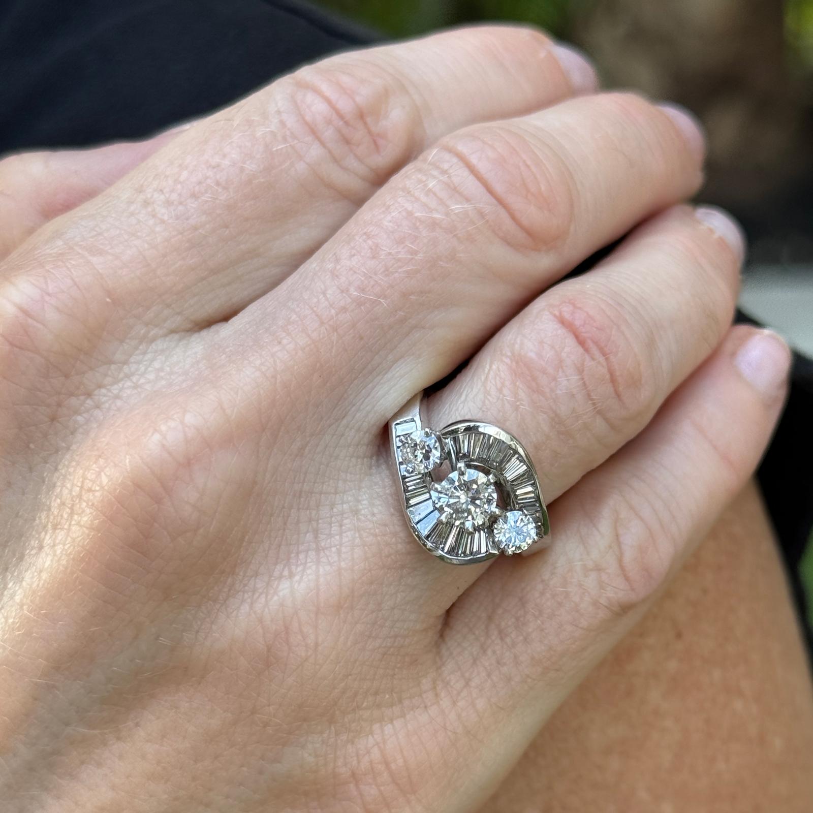 1950's Retro Baguette & Round Brilliant Diamond 18 Karat White Gold Vintage Ring