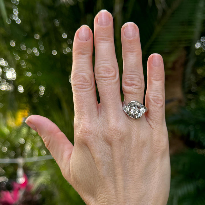 1950's Retro Baguette & Round Brilliant Diamond 18 Karat White Gold Vintage Ring