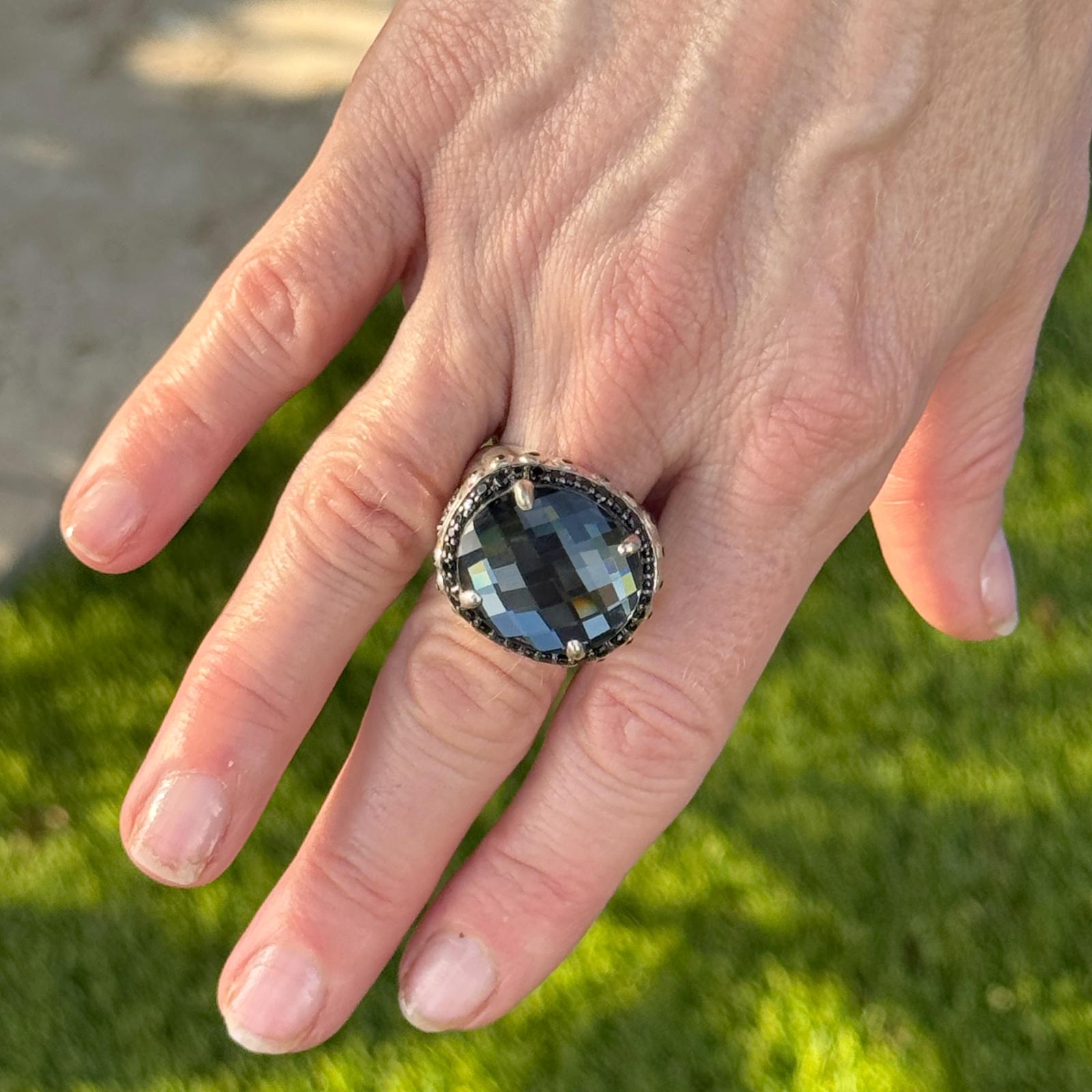 John Hardy Faceted Hematite Black Gemstone & Spinel Accent Silver Bamboo Ring