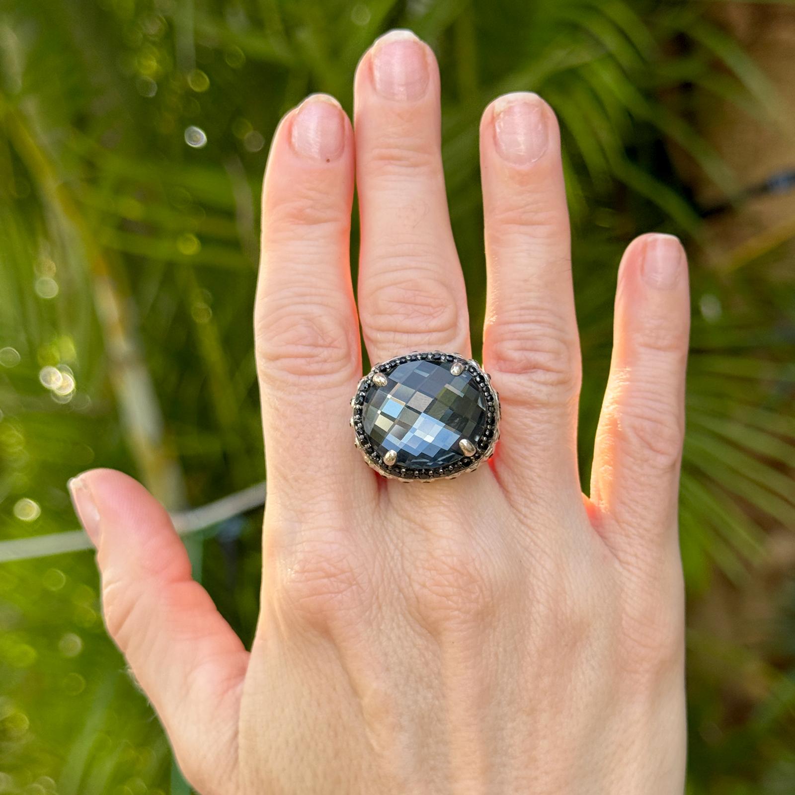 John Hardy Faceted Hematite Black Gemstone & Spinel Accent Silver Bamboo Ring