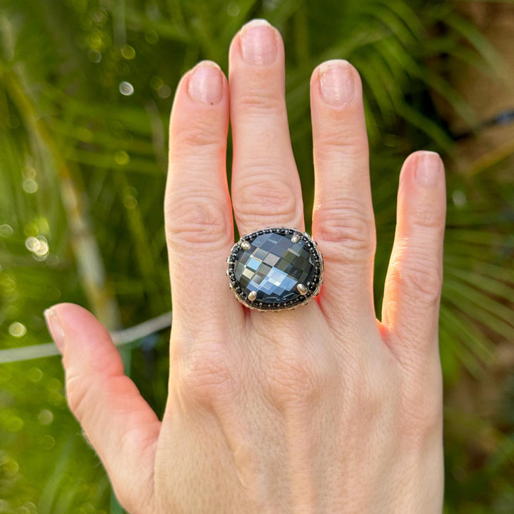 John Hardy Faceted Hematite Black Gemstone & Spinel Accent Silver Bamboo Ring
