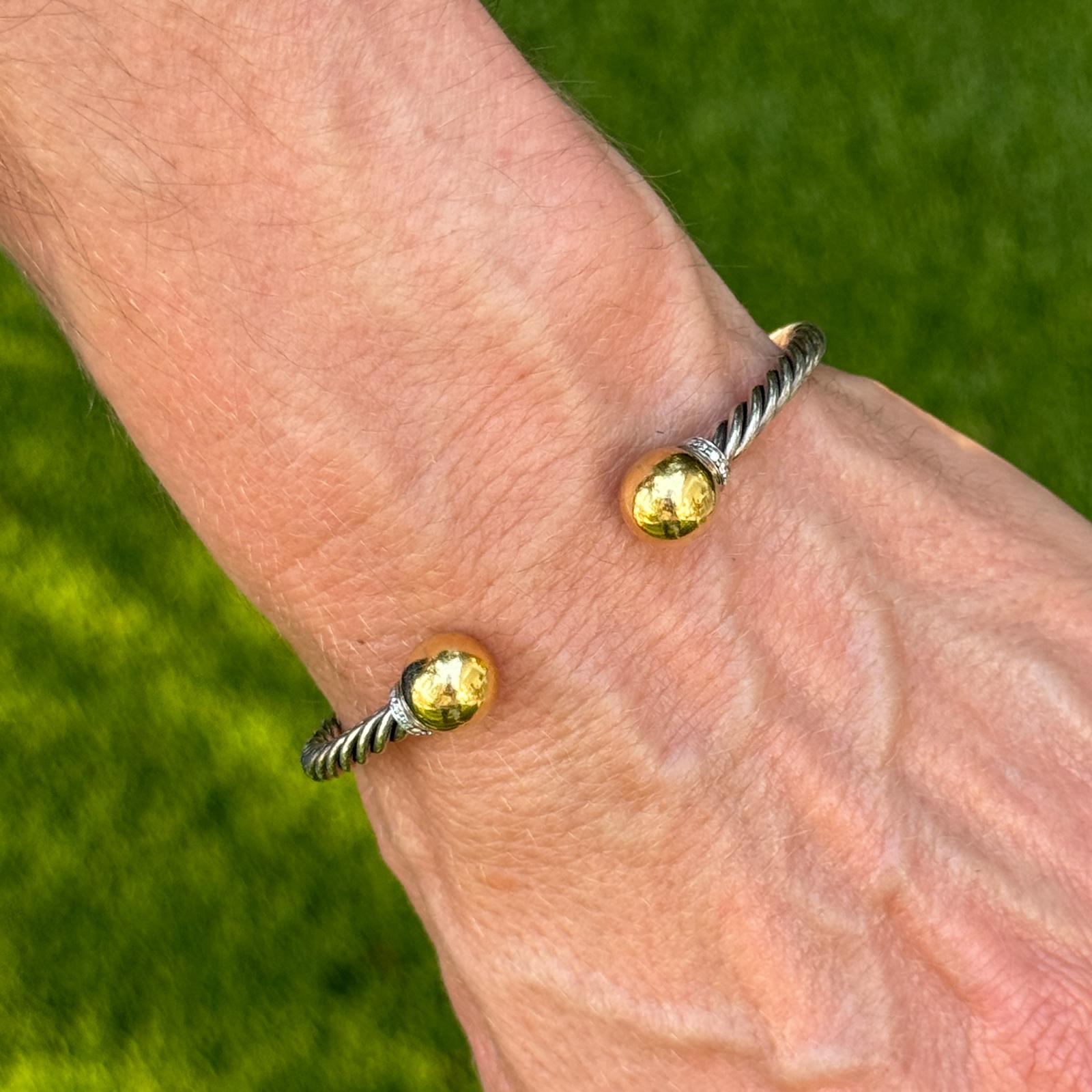 David Yurman SS/18KYG Thin Diamond Cuff Bracelet Gold Ball End Caps Medium size