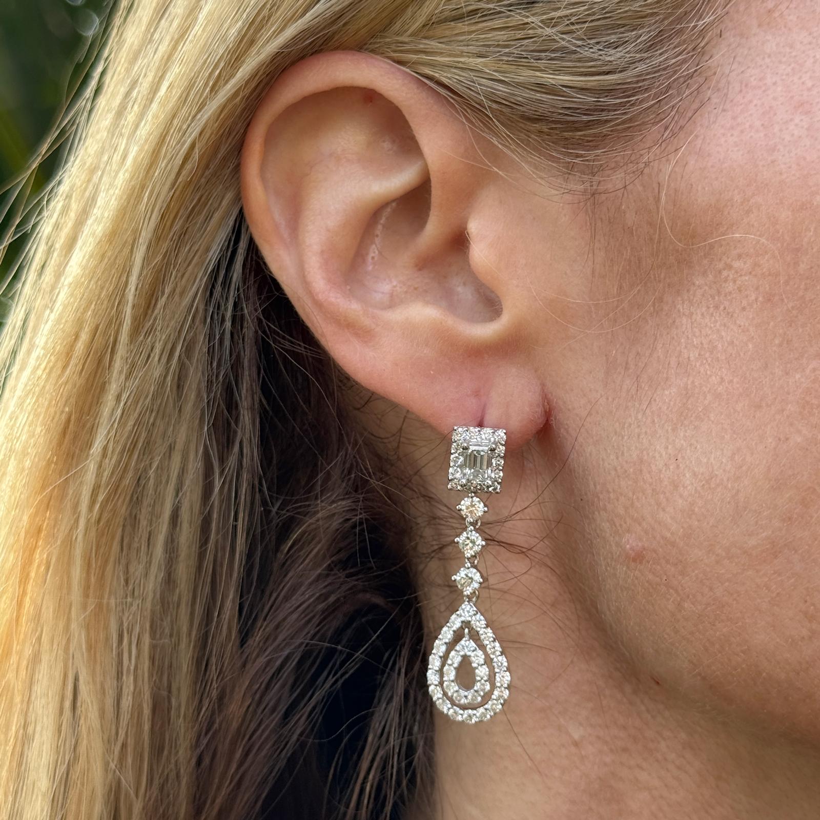 4 CTW Diamond Dangle Drop 14 Karat White Gold Screw Back Earrings